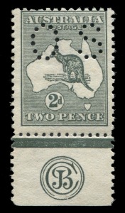 Kangaroos - First Watermark: 2d Grey perf Small 'OS' Plate 2 'JBC' Monogram single, couple nibbed perfs at top, fine MLH, BW: 5(2)zc - Cat $1500. 