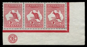 Kangaroos - First Watermark: 1d Red Die I Plate C corner strip of 3 with 'JBC' Monogram under [L58], very well centred, without gum; BW: 2(C)zb - Cat $1750 (as a mint strip). 