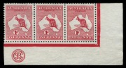 Kangaroos - First Watermark: 1d Red Die I Plate C corner strip of 3 with 'JBC' Monogram under [L58],&nbsp;very well centred, without gum; BW: 2(C)zb - Cat $1750 (as a mint strip).&nbsp;