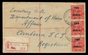 KGV Heads - Small Multiple Watermark Perf 13½ x 12½: 5d on 4½d & 2d on 1½d surcharged issues on-cover usages including rare use of 5d pair on registered cover to Czechoslovakia, 5d solo usages on registered covers to UK (2) or Darlington (NSW) to Tasmania, combination usage with KGV 1d green on Chrysler cover to USA; 2d strip of 3 on Victoria Point (Qld) registered cover to Dept of Home Affairs, Canberra, with provisional registration label, also solo usage on Orient Line cover to UK,