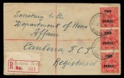 KGV Heads - Small Multiple Watermark Perf 13&frac12; x 12&frac12;: 5d on 4&frac12;d & 2d on 1&frac12;d surcharged issues on-cover usages including rare use of 5d pair on registered cover to Czechoslovakia, 5d solo usages on registered covers to UK (2) or Darlington (NSW) to Tasmania