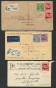 KGV Heads - Small Multiple Watermark Perf 13&frac12; x 12&frac12;: 5d on 4&frac12;d & 2d on 1&frac12;d surcharged issues on-cover usages including rare use of 5d pair on registered cover to Czechoslovakia, 5d solo usages on registered covers to UK (2) or Darlington (NSW) to Tasmania - 2