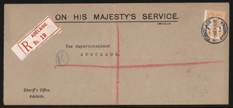 Kangaroos - First Watermark: 4d Orange Perf Large 'OS' usage on registered Sheriff's Office (Adelaide) OHMS long cover to "The Superintendent", Stockade, Adelaide No.19 red/white registration label, 'REGISTERED/ADELAIDE' backstamp; BW: 15ba - the Cat valu