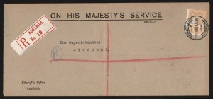 Kangaroos - First Watermark: 4d Orange Perf Large 'OS' usage on registered Sheriff's Office (Adelaide) OHMS long cover to "The Superintendent", Stockade, Adelaide No.19 red/white registration label, 'REGISTERED/ADELAIDE' backstamp; BW: 15ba - the Cat value of $275 on-cover valuation based on the ubiquitous Perth Land Titles Office usage.