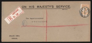 Kangaroos - First Watermark: 4d Orange Perf Large 'OS' usage on registered Sheriff's Office (Adelaide) OHMS long cover to "The Superintendent", Stockade, Adelaide No.19 red/white registration label, 'REGISTERED/ADELAIDE' backstamp; BW: 15ba - the Cat valu