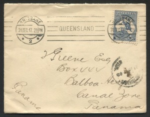 Kangaroos - Second Watermark: 2½d Indigo 1917 (Dec.31) usage on small cover to Canal Zone, Panama, stamp tied by tidily struck Brisbane machine cancel; BW:10 - on-cover Cat. $180+ for such an unusual destination.