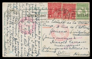 AUSTRALIA: Postal History: 1915 (Mar.29) use of PPC ('Town Hall, Warwick, Qld) addresses to Switzerland with KGV 1d red (2) & ½d Roo tied by WARWICK '29MR15' machine cancel, 'PASSED CENSOR/30MR15/BRISBANE' datestamp in red, the card likely never leaving Australia with two strikes of 'UNDELIVERABLE' handstamp in red, and fine strike of 'DEAD LETTER OFFICE/15AP15/BRISBANE' datestamp. Lovely item.