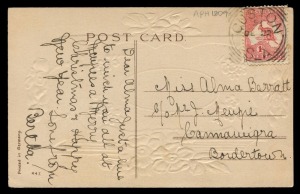SOUTH AUSTRALIA: Postmarks: CUSTON: very fine strike of 'CUSTON/DE22/15' ('15' inverted) datestamp tying 1d Roo to PPC addressed locally to Bordertown, Rated 4R.