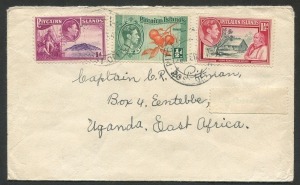 PITCAIRN ISLANDS: POSTAL HISTORY: 1949 (Feb.20) cover addressed to Captain C.R.S. Pitman in Uganda with KGVI ½d, 1d & 1½d tied by 'PITCAIRN ISLAND/POST OFFICE' datestamps. Rare origin/destination item. Charles Robert Stenhouse Pitman DSO was a conservati