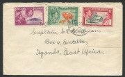PITCAIRN ISLANDS: POSTAL HISTORY: 1949 (Feb.20) cover addressed to Captain C.R.S. Pitman in Uganda with KGVI &frac12;d, 1d & 1&frac12;d tied by 'PITCAIRN ISLAND/POST OFFICE' datestamps. Rare origin/destination item. Charles Robert Stenhouse Pitman DSO was a conservati