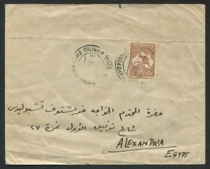 Kangaroos - CofA Watermark: 6d Chestnut unusual usage on a cover to Alexandria, Egypt, partially addressed in Arabic, with poorly struck 1933 'PIROSCAFO POSTALE ITALIANO/ESPERIA' Italian mailboat datestamp tying adhesive, (another weak strike alongside); cover with horizontal crease just clear of stamp; BW:23 - Cat. $600 on cover.
