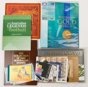 AUSTRALIA: Decimal Issues: POSTAGE: accumulation with 1981 & 1988 Yearbooks, Sydney 2000 Gold Medallist M/Ss in album, 2012 Legends of Football booklet collection, plus various stamp packs, booklets including Birds of a Feather prestige type (2, one with limited edition 2009 Stamp Bulletin overprint) and mint multiples, etc; Face value $300+.