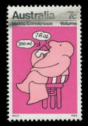 AUSTRALIA: Decimal Issues: 1973 (SG.533a)&nbsp; 7c Metric Conversion (Volume) error "Olive and Brown omitted", printer's defacing line at top of stamp, MUH, with normal stamp for comparison; BW:623cb(var) - Cat $2000. Brusden White describes this error as "Ol