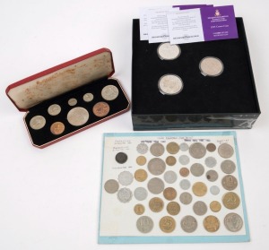 Coins - World: Selection with New Zealand 1953 Proof Coin set (Crown being an uncirculated replacement), some tarnishing ½d & 1d, age spotting on presentation case lining; GB Bradford Exchange presentation set of 1935, 1937 & 1953 Crowns VF/EF; plus a  Pa