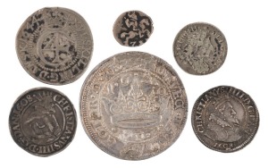 Coins - World: Denmark: 17th century silver coin group comprising Christian IV 1608 8sk (2 types), 1620 1kr & 1644 4sk, also Wire Money 1624-30 2sk Lybsk, plus Frederik IV 1700-05 8sk; condition fair to G/VG (6)