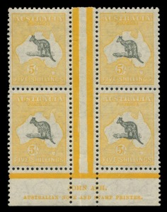 Kangaroos - Small Multiple Watermark: 5/- Grey & Yellow John Ash imprint block of 4 with variety "White flaw off NSW coast" [R55], mild storage-related tone banding on gum, lower units MUH; BW: 45z - Cat $7,500. 