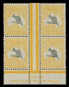 Kangaroos - Small Multiple Watermark: 5/- Grey & Yellow John Ash imprint block of 4 with variety "White flaw off NSW coast" [R55], mild storage-related tone banding on gum, lower units MUH; BW: 45z - Cat $7,500.&nbsp;