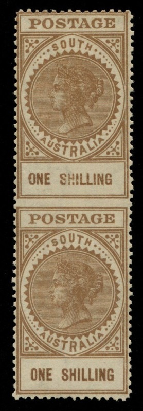 SOUTH AUSTRALIA: 1904-11 (SG.288a) Wmk Crown/SA Thick 'POSTAGE' perf.12 1/- brown vertical pair, error IMPERFORATE BETWEEN, slight bend at top otherwise superb and fresh mint; Cat. £2750. Rare with only eight pairs recorded.