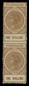 SOUTH AUSTRALIA: 1904-11 (SG.288a) Wmk Crown/SA Thick 'POSTAGE' perf.12 1/- brown vertical pair, error IMPERFORATE BETWEEN, slight bend at top otherwise superb and fresh mint; Cat. £2750. Rare with only eight pairs recorded.