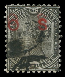 NEW SOUTH WALES: OFFICIALS: 1882-85 (SG. O33ba) 1/- black optd 'OS' variety OVERPRINT DOUBLE', fine used, Cat. £1000. RPSofV Certificate (2009).