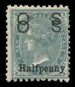 NEW SOUTH WALES: OFFICIALS: 1891 (SGO55a) 'Halfpenny' on 1d grey optd 'OS', variety OVERPRINT DOUBLE, fine mint. THE FINEST OF THE THREE KNOWN EXAMPLES and grossly undercatalogued at £1500. BPA Certificate (1965).