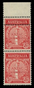 AUSTRALIA: Other Pre-Decimals: 1935 (SG.154var) 2d ANZAC vertical margin pair, upper unit "Double perforations horizontally", fresh MUH; BW: 164b - Cat. $250.