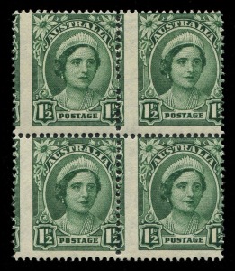 AUSTRALIA: Other Pre-Decimals: 1942-50 (SG.204) 1½d Queen Mother block of 4, variety "Misplaced perforations", fresh MUH, BW: 226bb - Cat. $1500+.