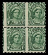 AUSTRALIA: Other Pre-Decimals: 1942-50 (SG.204) 1&frac12;d Queen Mother block of 4, variety "Misplaced perforations", fresh MUH, BW: 226bb - Cat. $1500+.