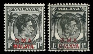 MALAYA: BMA' MALAYA: 1945-48 (SG.1ab) 1c black with MAGENTA OVERPRINT, few nibbed perfs, fine used (with normal example for comparison), Cat £1500.