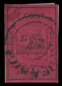 BRITISH GUIANA: 1852 (SG. 9-10) Waterlow 1c black on magenta (2) and 4c black on deep blue (2), all in very mixed used condition, the 4d blues with varying degrees of surface rubbing, one with horizonatal crease. Also perforated reprint pairs of both values, Cat. £35,000.