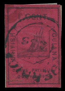 BRITISH GUIANA: 1852 (SG. 9-10) Waterlow 1c black on magenta (2) and 4c black on deep blue (2), all in very mixed used condition, the 4d blues with varying degrees of surface rubbing, one with horizonatal crease. Also perforated reprint pairs of both valu