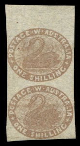 WESTERN AUSTRALIA: 1854-55 (SG.4c) imperforate 1/- pale brown, top marginal vertical pair with close to huge margins, fine unused, Cat. £1,000+