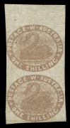 WESTERN AUSTRALIA: 1854-55 (SG.4c) imperforate 1/- pale brown, top marginal vertical pair with close to huge margins, fine unused, Cat. &pound;1,000+