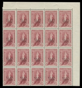 AUSTRALIA: Other Pre-Decimals: 1946-47 (SG.J7) Robes 5/- thick paper, corner block of twenty (5x4), few minor varieties, fresh MUH; BW: J7 - Cat $5,000+ (SG.J7 - Cat £2800+). Very rare multiple.