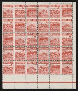 AUSTRALIA: Other Pre-Decimals: 1953 (SG.258-60) 3½d scarlet Produce Food upper pane positional block of 30 (6x5), varieties on BUTTER, €œRetouch beneath milking cup on cow  [1/7, 1/10, 2/6, 2/9, 3/5, 3/8, 4/7 & 5/6]; BEEF €œColour spur at top of 'B' of BE