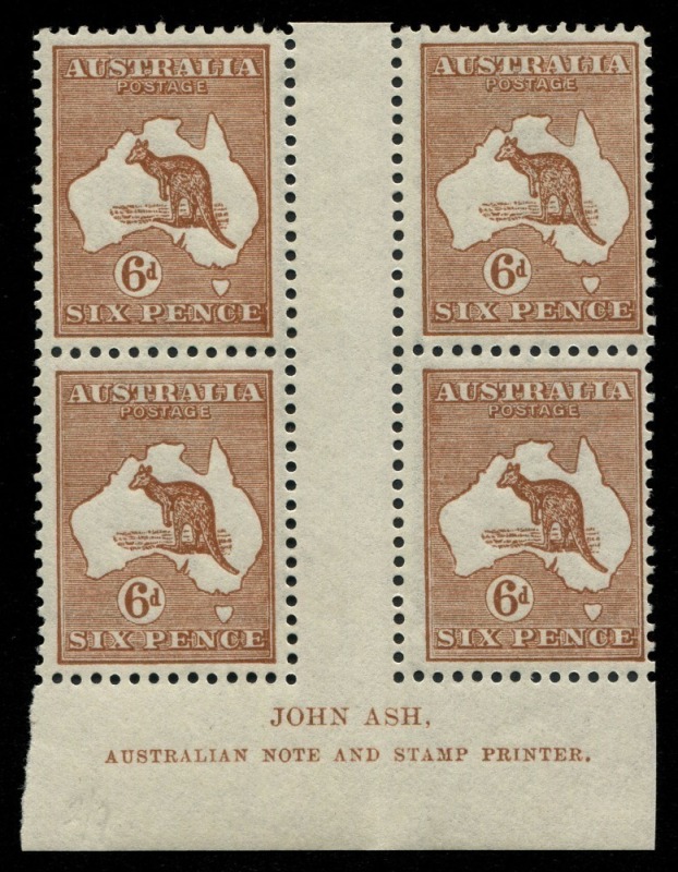 Kangaroos - Third Watermark: 6d Chestnut, Ash Imprint (N over A) blk.(4) from Plate 4, completely MUH. Cat.$750++.