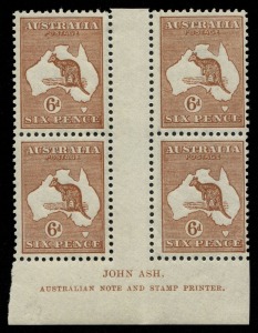 Kangaroos - Third Watermark: 6d Chestnut, Ash Imprint (N over A) blk.(4) from Plate 4, completely MUH. Cat.$750++.