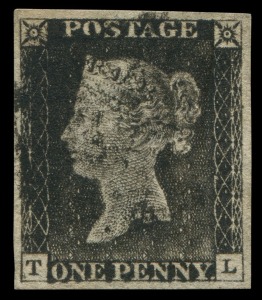 GREAT BRITAIN: 1840 (SG.2) 1d Black Plate 1a [TL], good to large margins, slightly worn plate, black Maltese Cross cancel, fine and scarce. SG Spec. AS2f - Cat. £1,100.     