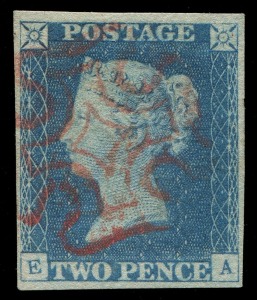 GREAT BRITAIN: 1840 (SG.5) 2d Pale Blue [EA] Plate 1, good to large margins, rare RUBY-RED Maltese Cross cancel of Aberdeen, very fine; SG Spec.D5uf - Cat. £7,000. Highly detailed Mike Jackson Certificate (2013)       