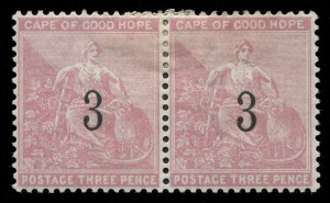 SOUTH AFRICA - Provinces: CAPE OF GOOD HOPE: ‘Hope Seated’ selection comprising 1871-76 Crown CC ½d grey-black (SG.28) interpanneau marginal strip of four from the foot of the sheet showing guide cross below third unit and 1d carmine-red (SG.29) horizontal strip of three, 1880 Crown CC (Feb.) 3d on 4d (SG.35), (July) 3d pale dull rose (SG.36), 1880 (Aug) Surcharge "3" Type 10 on 3d (SG.37), and "3" Type 11 on 3d (SG.38) horizontal pair (Cat. £850+);