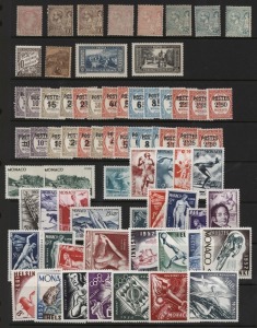 MONACO: 1885-1955 mint selection on hagner with 1885 15c, 1891-94 10c (2), 15c (2), 25c (3) shades, 1919 War Orphans 50c, 1933-39 10f and 20f, 1937-39 Surcharges on Postage Dues, 1948 Olympics, Bisio Centenary, 1953 Olympics, 1955 500f Air, etc, mainly fine mint, few unmounted, (71). Cat £3,900+. (71)