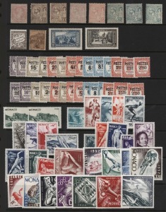 MONACO: 1885-1955 mint selection on hagner with 1885 15c, 1891-94 10c (2), 15c (2), 25c (3) shades, 1919 War Orphans 50c, 1933-39 10f and 20f, 1937-39  Surcharges on Postage Dues, 1948 Olympics, Bisio Centenary, 1953 Olympics, 1955 500f Air, etc, mainly f
