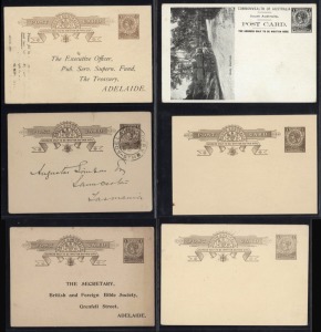 SOUTH AUSTRALIA: POSTAL CARDS: 1d range including 1897 uprated with Bantam ½d to Germany, others with printed advices for Royal Society of SA or British & Foreign Bible Society and circa 1904 for the Public Service Superannuation Fund, 1893 opts 'O.S.' with superb MOONTA arrival squared-circle, plus optd 'SPECIMEN' and scenic issue 'WOOL CARTING' issue cards unused, etc; also ½d Wrappers (3) unused; condition mostly fine to very fine. (20)