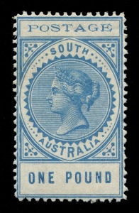 SOUTH AUSTRALIA: 1902-12 mint 'Long Toms' selection on leaves including Thin 'POSTAGE' 8d (2) to 5/-, plus £1 blue; Thick 'POSTAGE' Wmk Crown/SA 6d, 8d, 10d, 1/-, 2/6d & 10/-, Wmk Crown/A various perfs 3d (3), 4d (3), 8d, 6d, 9d (2), 1/-, 2/6d (2), 5/- (2