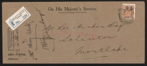 KGV Heads - CofA Watermark: 5d Brown optd ‘OS’, solo franking on 1933 (Jul.6) registered OHMS cover from Melbourne to Mortlake; BW: 127 (OS) - on-cover Cat. $750.
