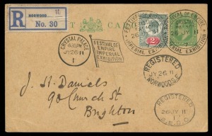 GREAT BRITAIN - Postal History: 1911 use to Brighton of KEVII ½d Postal Card uprated with 2d, registered usage from Norwood with ‘10/30’ registration label, cancelled by two strikes of double-circle ‘FESTIVAL OF EMPIRE/CRYSTAL/PALACE/26 JY 11/7/IMPERIAL E