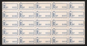 AUSTRALIA: Postal Stationery: REGISTRATION LABELS: Pad of ‘R6’ types in blue comprising 25 sheets, numbered between #0001-0500, odd blemish, unused. (500)