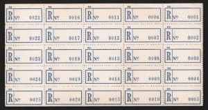 AUSTRALIA: Postal Stationery: REGISTRATION LABELS: Pad of ‘R6’ types in blue comprising 25 sheets, numbered between #0001-0500, odd blemish, unused. (500)                    