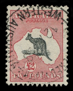 Kangaroos - CofA Watermark: £2 Grey-Black & Rose Crimson, varieties "Flaw in Bight" (Duty Plate) and "Hunch-backed Roo" (Vignette Plate) [L17], well centred, fine used with tidy registered datestamp;BW:58(D)f&(V)h - Cat. $1300+.