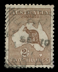 Kangaroos - Third Watermark: 2/- Aniline Red-Brown, few nibbed perfs, very well centred, South Australian squared-circle datestamp; BW:37G - Cat $2000. Drury Certificate (2017).